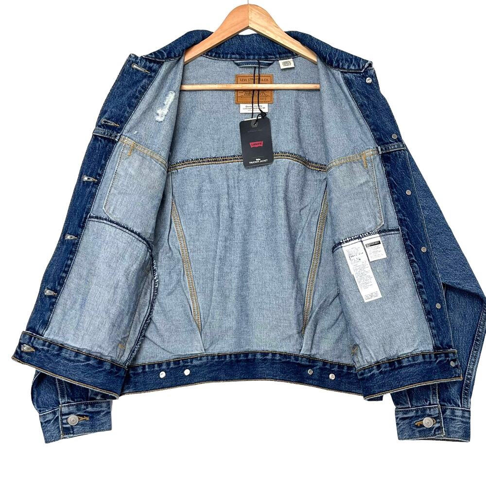 Levis 90s Trucker Jacket Sz S Relaxed Fit Medium Wash Collared Distressed Denim - Picture 5 of 11